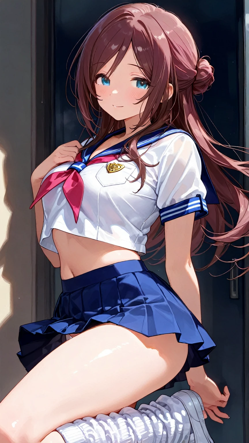 Tokai Teio \(umamusume\), ((Highly detailed eyes)), masterpiece, Highest quality, (abnormal body, Small breasts, (Horse tail) ,smile, blush, (indoor, office, living room), whole body, frontage, Long ponytail, (Striped panties), (Striped bra), (In underwear), (Flashy underwear), (lingerie), 
