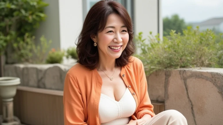 8k wallpaper, masterpiece, Highest quality, Super detailed, One Mature Woman, 50 years old, Become very clear, Wearing a spring-like shirt, Skin dents, Captivating smile, Looking at the audience, Cleavage, plump, Curvaceous, Fascinating face, Smiling with teeth showing, I was happy, Sitting in a cafe, Background Blur
