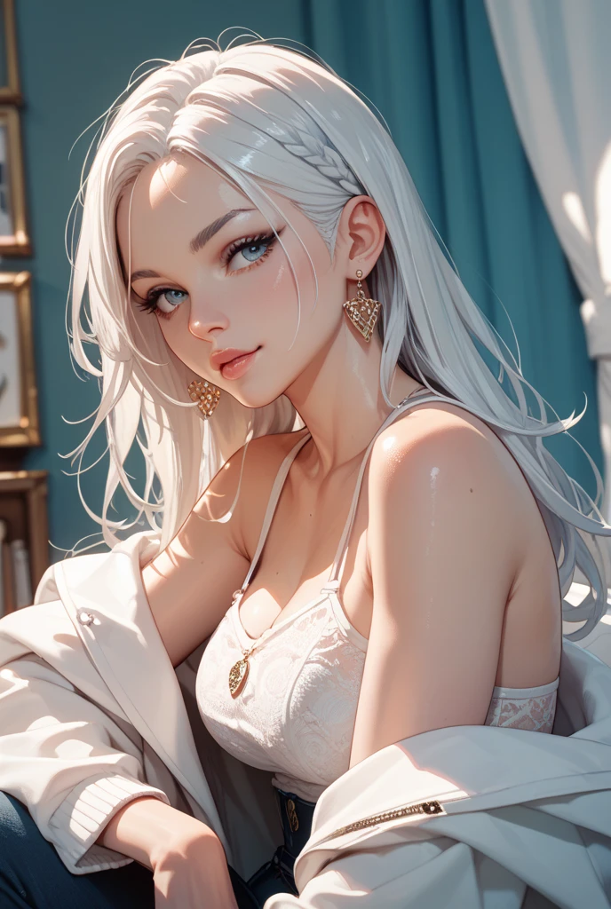 maximum quality, Caucasian skin, real human skin, (detailded), Face oval, pore, ultra high definition, (8k, RAW photograph, photorrealistic: 1.4), a girl, Scrawny, (Kind and Goddess eyes) happiness: 1.2), (Lip gloss, eyelash, bright face, best qualityer, ultra high definition, Ample Lighting, natural shading), white hair, dark makeup