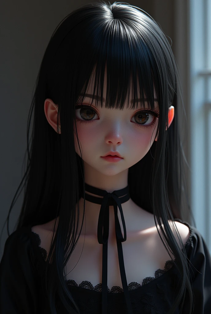 Top quality masterpiece illustrations、Black hair and black eyes、Wearing multiple necklaces、Wearing earrings、Little girl in black and white fancy dress looking up、Cute and elegant face with long hair in the upward view. The angle of the lower body is fair.、More hair details、