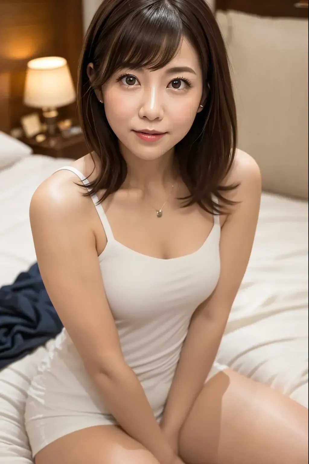 1 girl, smile, Bokeh, Cute Face, Looking at the audience, masterpiece, Model shooting style, Cleavage, Full body portrait, Sexy pose, Brightly colored V-neck printed dress, Sit on the bed facing the front, Medium Long Hair, (Straight hair), 8k, RAW Photos, Highest quality, masterpiece, High resolution RAW color photos professional photography, Realistic, Photorealism, Best Shadow, 超高解像度で統一された8k壁紙