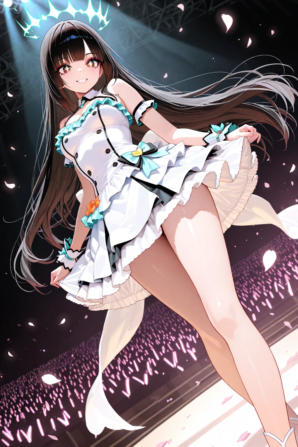 Illustration, cinematic light, high resolution, best quality, ultra detailed, detailed face, (detailed eyes), highest quality, super detailed, masterpiece, (detailed face), pretty face, best smile, sexy mature woman transparent (white and red goth loli costume: 1.5), ultra detailed embroidery, cloth, choker, open cloth, NSFW, high heels, blue eyes, neon small shiny hair ends, D cup, cleavage, AI fantasy concert, shining lighting with neon details, idol, (live stage: 1.15), (singing holding the microphone with left hand: 15), singing with butt sticking out: 5, (to a packed audience in the background), light reflection, heart-shaped iris, playful eyes, open shoulders, (wet body), small glowing butterfly, hair jewelry, panties, cute string white panties with ribbon: 1.5