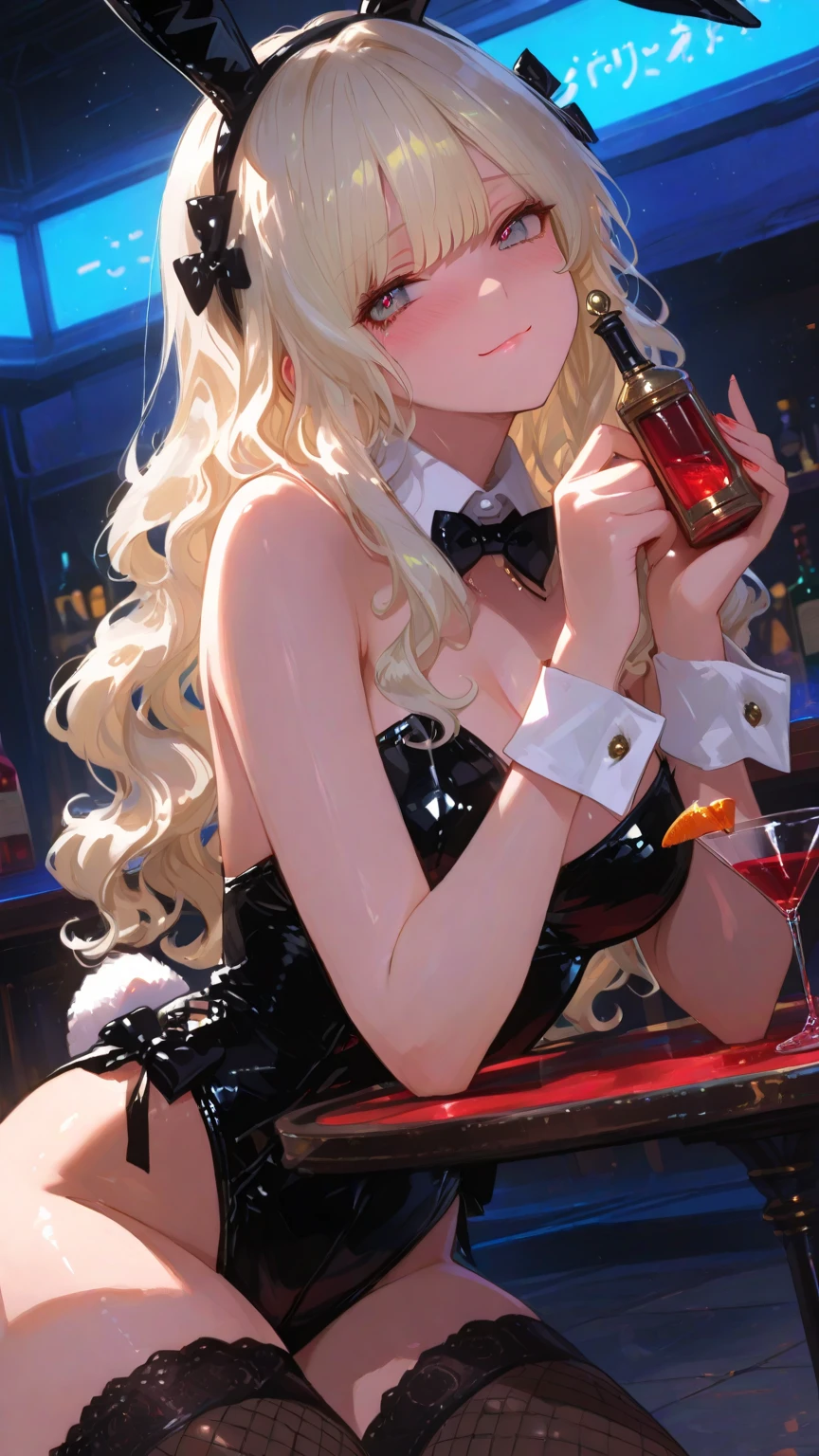 masterpiece, best quality, ultra detailed, perfect limbs, natural look, well-proportioned face, high_heels, black_glossy_bunny_suit, (braid on the side of the bunny suit), holding cocktail glass in hand, voluminous long wavy hair, blonde_hair, blue_eyes, red_bowtie at neck, gemstone_earrings, seated with one's hips slightly leaning on the bar stool, pantyhose, classic_type_bunny_girl, glamor,, in the bar
