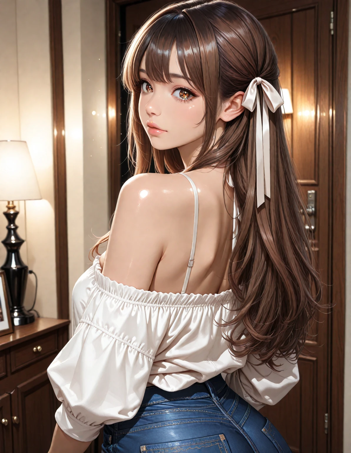 good quality, illustration, ((cute succubus)), brown hair, pale skin, middle hair, open dress side breasts, embarrassed , from side, simple background
