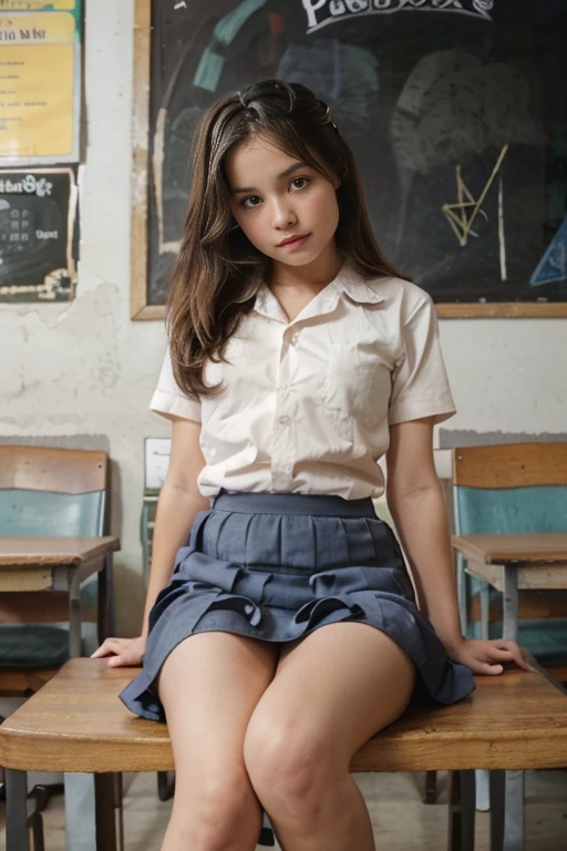 An innocent and cute eight-year-old girl with double ponytails, american girl, girl smiling, style, wearing cute white stockings and school uniforms, embellished with animal hangings. walking, office, Look into the camera,