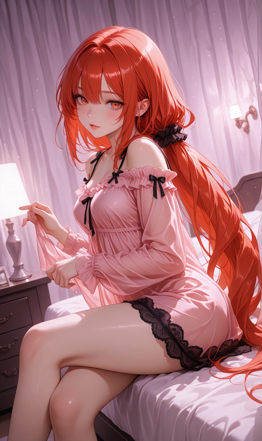 Blur hair,in bed,spread legs,transplant underwear,blush,red and orange night dress,elf,rose in hair,blue eyes,jewelry,spread pussy, embarrassed,