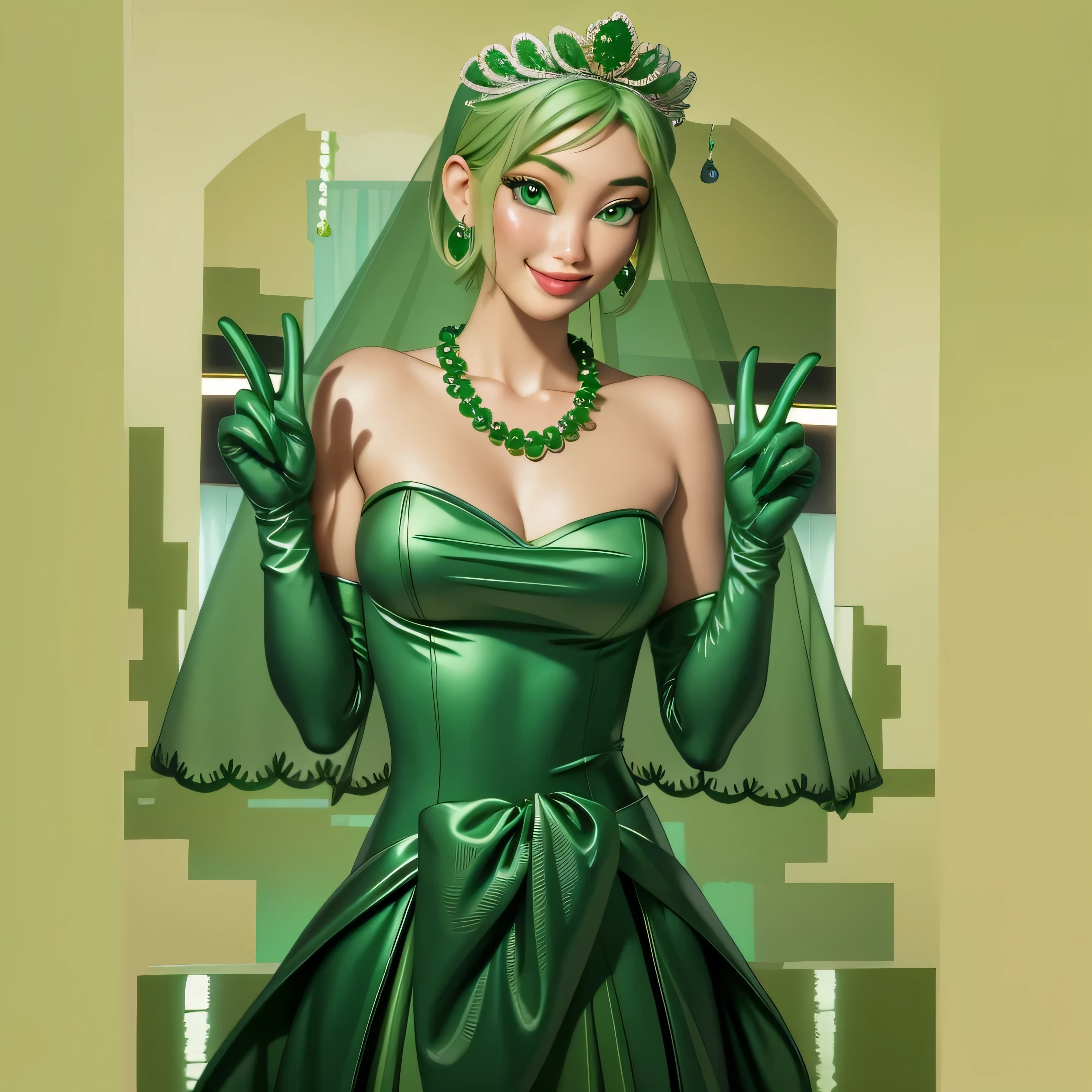 Emerald tiara, Green Pearl Necklace, ボーイッシュな非常に短いGreen Hair, Green Lips, Smiling Japanese woman, Very short hair, Busty beautiful lady, Green Eyes, Green satin long gloves, Green Eyes, Emerald Earrings, Green veil, all, Green Hair, Beautiful Japanese Women, green lip gloss