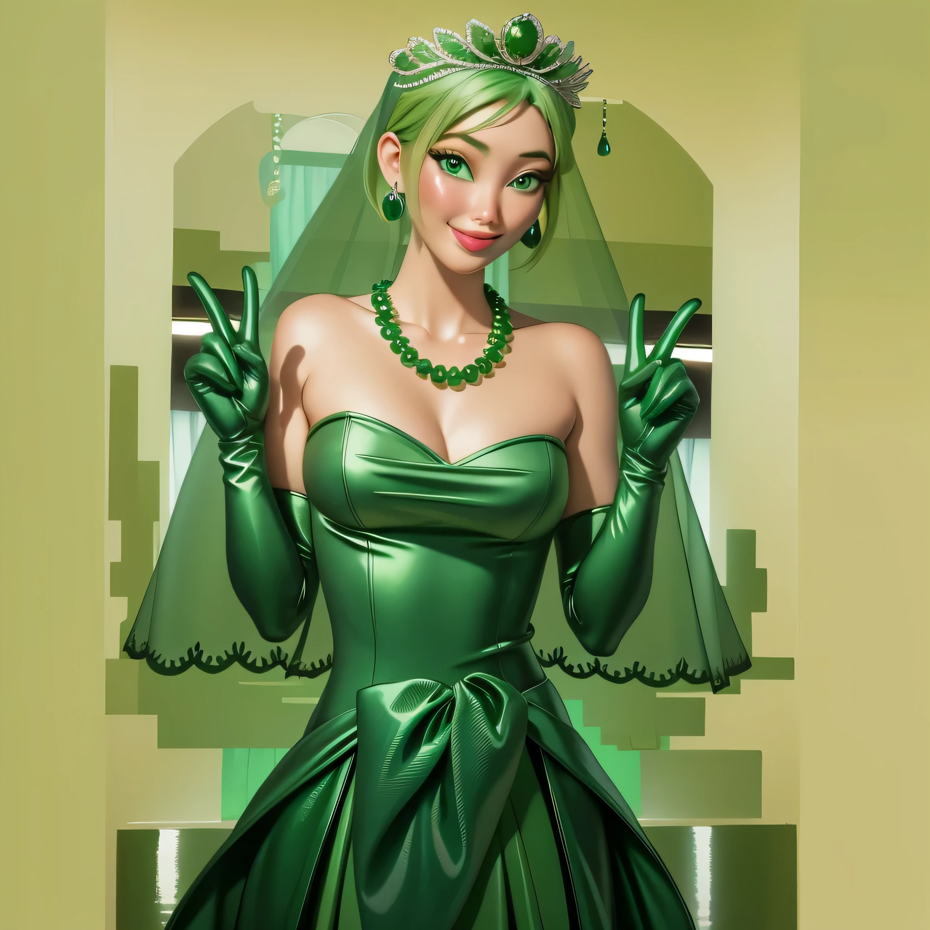 Emerald tiara, Green Pearl Necklace, Boyish very short green hair, Green Lips, Smiling Japanese woman, Very short hair, Busty beautiful lady, Green Eyes, Green satin long gloves, Green Eyes, Emerald Earrings, Green veil, all, Green Hair, Beautiful Japanese Woman, green lip gloss