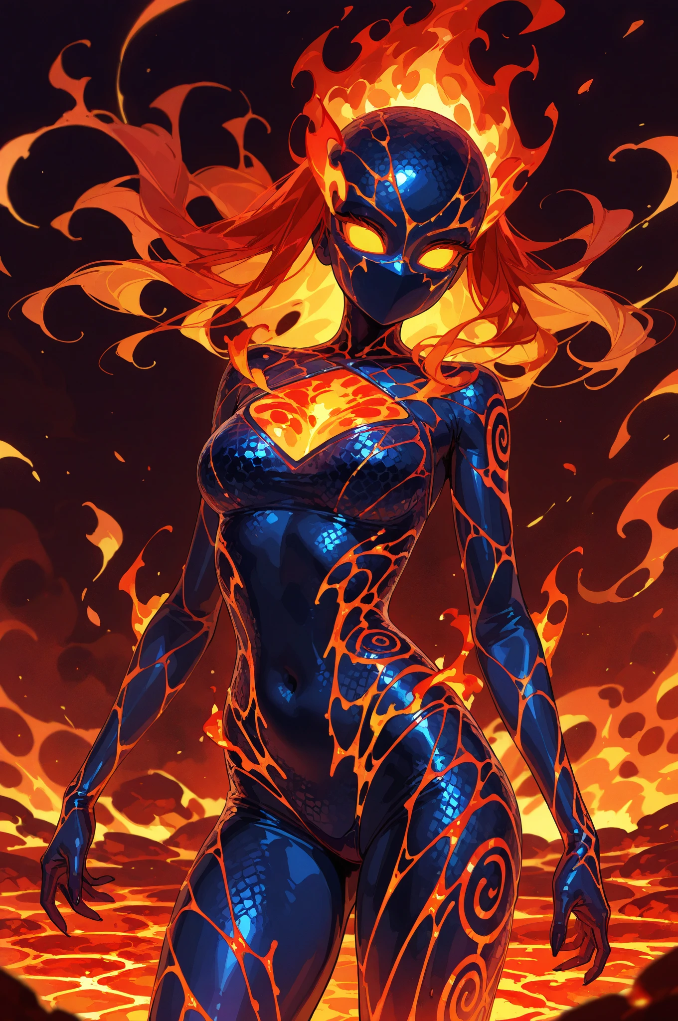 ((masterpiece, highest quality, Highest image quality, High resolution, photorealistic, Raw photo, 8K)), ((Extremely detailed CG unified 8k wallpaper)), (huge stunning latina goddess shot, very hot and sexy, jaw-dropping beauty, perfect proportions, beautiful body, slim body beauty:1.4), Lava demon(Adult model Daisy Marie), her body is made of lava, her hair is made of burning flames, hot body also burns the air around it, eyes of fire, burning red in the darkness, burning everything, spewing fury that turns into flames and cloaks the body, sparks of fire dance, flames erupt from the torn body, images of flames in the darkness, red and black theme, angry face, Flame Fiend, staring at the camera, 