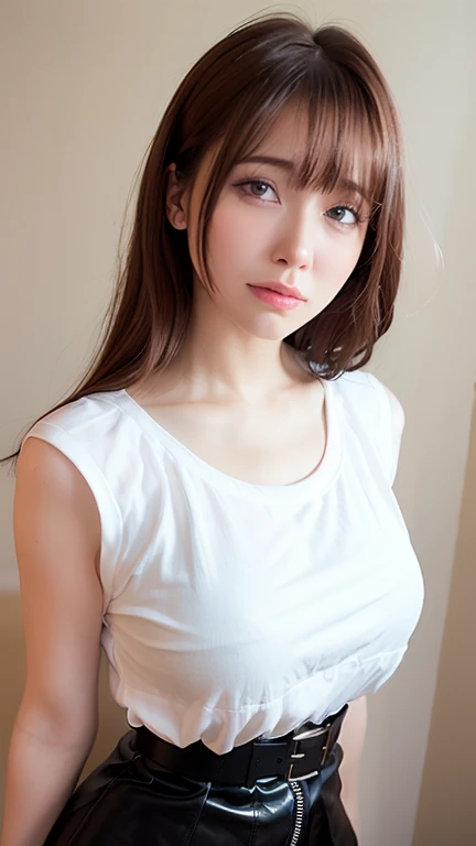 (Skin blemishes:1.2),1womanl, 21years old, (((femele))), (Skindentation), a gorgeous, solo, realisitic, top-quality, Photorealsitic, masterpiece, 8K, hight resolution, solo, extra detailed face, cowboy shot, passport photo, fullface, (profetional lighting、bokeh dof), (light particules、lensflare、Luminous particles:0.6)、(dynamicposes:1.2)、Soft lighting、Top Angle View、Fashionable and trendy atmosphere、((Look at viewers))、 (looking in camera)、(portlate:0.6)、is standing、Upper body、close up of face、(middlebreasts:1)、(The long-haired)、brown haired、Floating hair、nase、s lips、lipsticks、seducting smile、Sweaters、jaket、skirt by the、Black-rimmed glasses