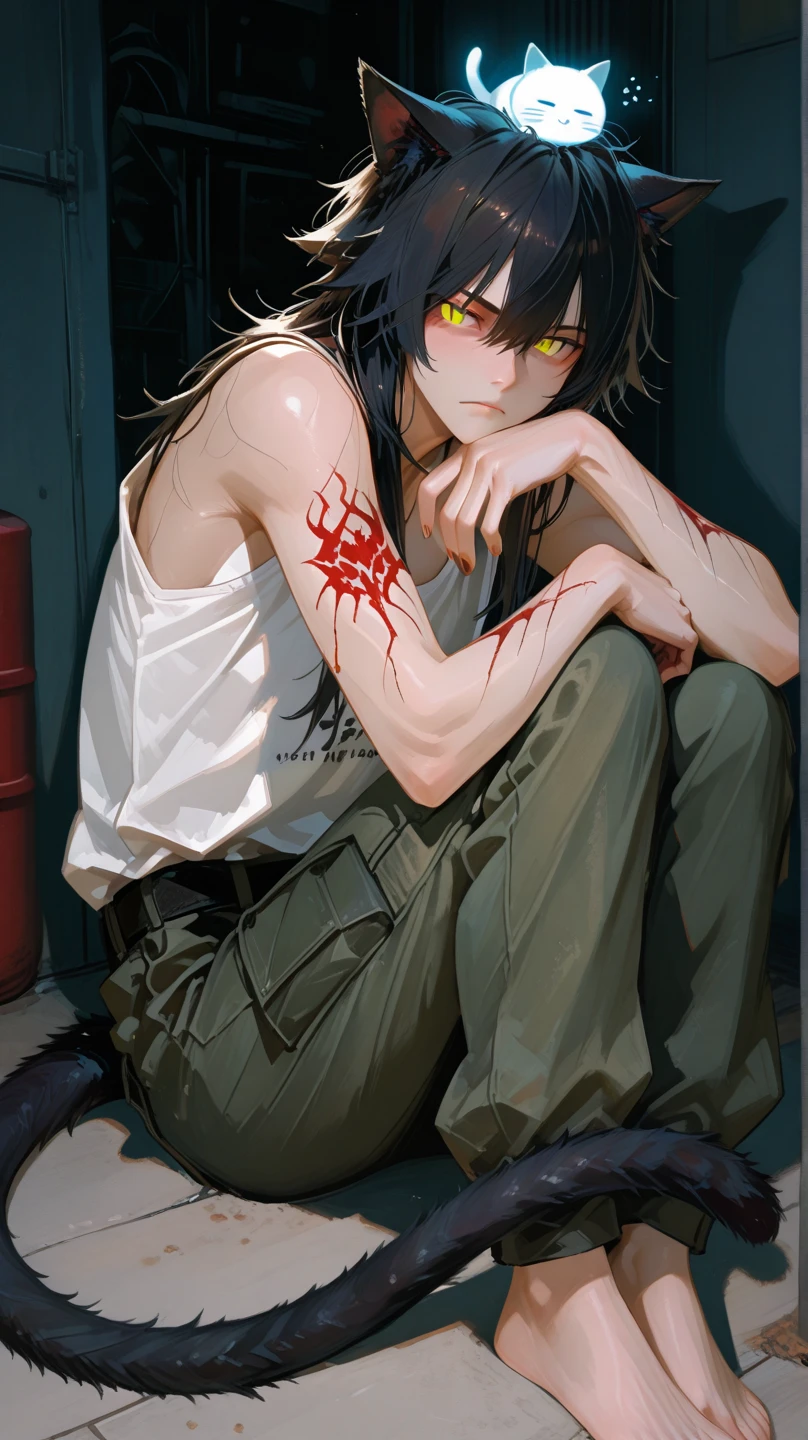 A man, murderous, thin and athletic body, very pale skin, long unkempt and dirty black hair, bright red eyes, crazed look, black and worn clothes, clothes with dirty, small blood stains, in a dark room