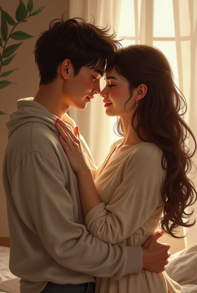 The couple (young mana and woman ) in a warm embrace, perhaps in a cozy setting like a living room or outdoor space. One person could rest their head on the other’s shoulder, emphasizing a sense of security and affection.