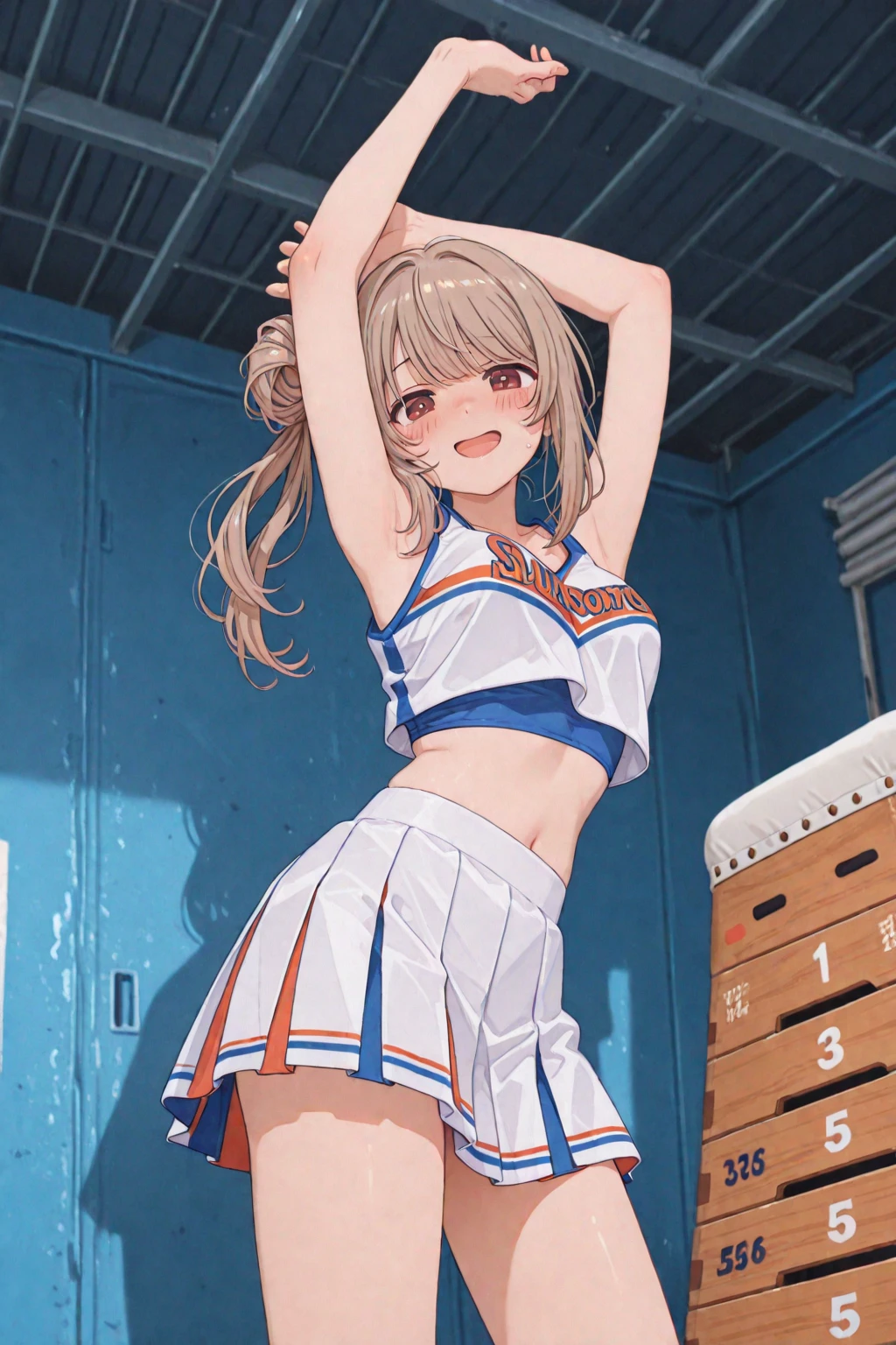 (8K、RAW photo、highest quality)、detailed background、beautiful and detailed face、beautiful and smooth skin、skin texture、professional lighting、Beautiful teenage girl、Cheerleader、stadium、I'm rooting for you、mini skirt、ponytail、big breasts、
sexy costume、Sexy Uniforms、sexy costume、healthy、
smile、laughter、sexual expression、smile、healthyなふとももを強調する、healthyで美しい、show your whole body、panty shot、panty shot、open your legs、raise your legs、Show 1'~ side
