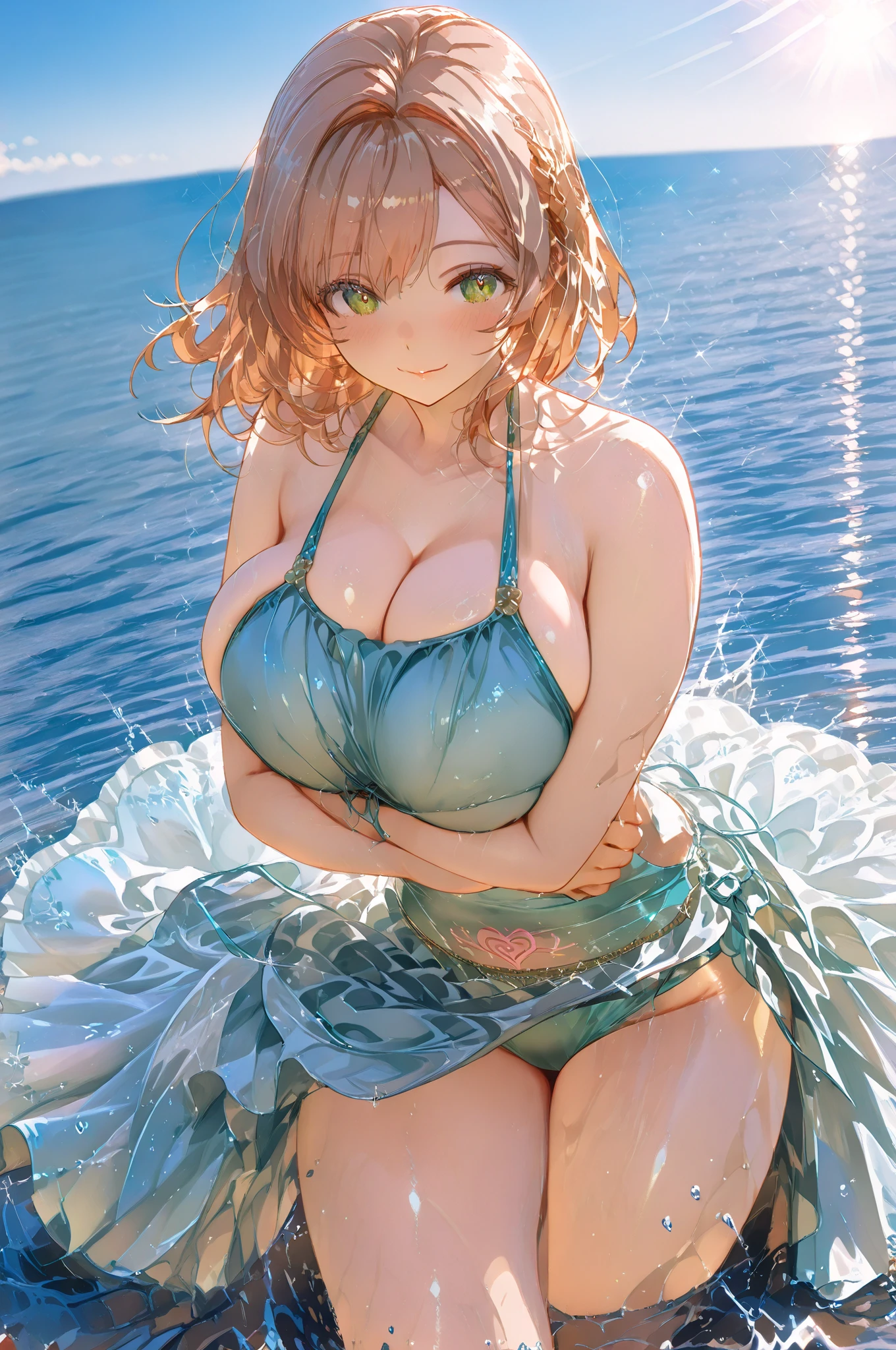 (Masterpiece, BestQuality:1.3), (ultra detailed:1.2), (hyperrealistic:1.3), (RAW photo:1.2), High detail RAW color photo, professional photograph, (Photorealistic:1.4), (realistic:1.4), (Pink Hair:1.5), professional lighting, perfect anatomy, (Big Breasts:1.2), (blush, detailed face), (cheerful Smile:1.5), Trending Hair&Trending Hairカラーをランダムに, earrings, necklace, bracelet, sexly, erotic sexly, Random sexy gravure poses, (A beautiful woman in an emerald green satin dress、Smiling sexy while dipping her feet in the water by the pool at night。A diamond necklace sparkles on her chest。:1.3)
