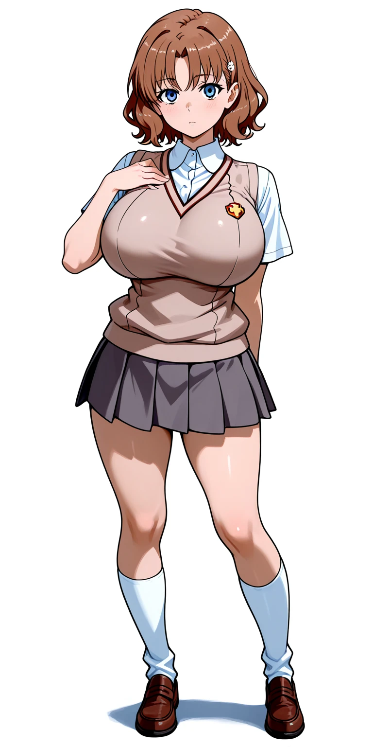 (Highly detailed CG,Highest quality,8k, masterpiece: 1.3),Super Detail, Ultra-high resolution, ((simple white background)), Ellen Baker,girl(teacher),22 years old,Green Eye,Delicate eyes, hair(bionde,length,Loose Side Tail), skin(shiny, oily), (White transparent blouse),(Light blue cardigan), (light brown mini skirt), (Cute pink panties), (thin:1.4), (huge breasts, bursting breast), (narrow waist:1.4), (wide hips), ((voluptuous thighs, thick thighs)), (from side:0.8), Embarrassed look, blush, bare legs, full body shot, (nsfw), gigantic breasts:1.3, curvy body, mammasize,