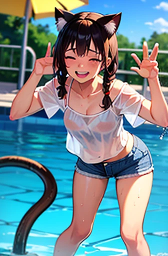 masterpiece, Highest quality, Nico_Yazawa,High resolution, 1 Girl, alone, Brown Hair, short hair, Twin tails、Purple eyes, , , (Cleavage)、(Beautiful thighs), Carrying a red backpack, (randoseru backpack:1.2) Sweaty、Thick thighs、Highest quality、4K、1girl, 8years old, loli, cute, grin, 、、at the park、、Thick thighen holding their penises and surrounding girls、Semen from the penis、Bukkake、Bukkake、(Bukkake)projectile cum、Blowjob、Lots of passersby、Ahegao、low length、、erection of nipple、Handjob、White micro bikini、Swinging、vaginal sex,Normal position、Spread your legs