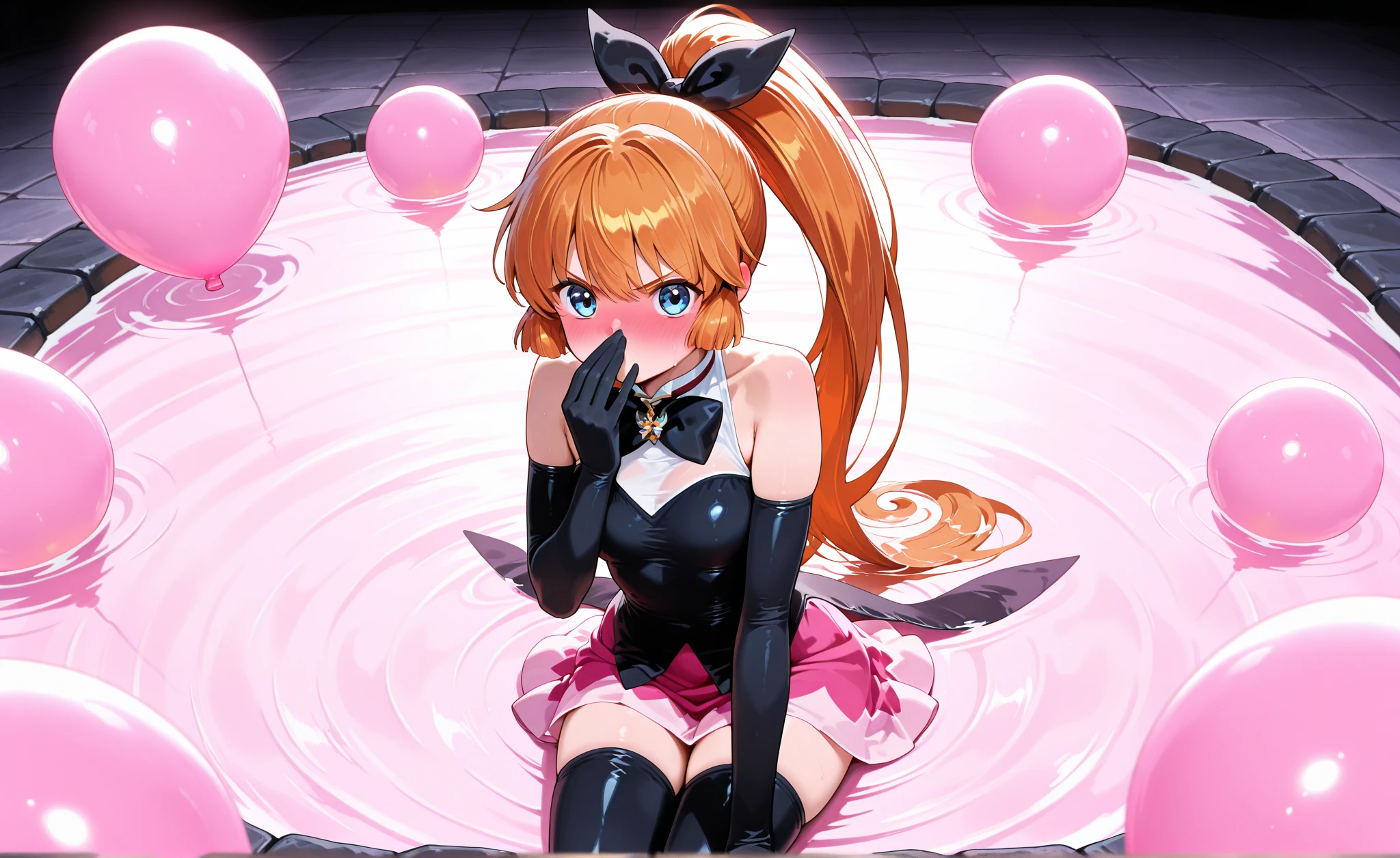 punctuation_9, punctuation_8_High above, fountain_アニメ, breasts big, 1 girl, standing alone, Alicedef, twintails, pretty long hair, ashen hair, fake animal ears, earphone, pink eyes, body rosa, shrug \(badass clothing\), multicolored gloves, latex, from sideways, arched back, eyes locked, glad, paw posture, pink back ground, fundo sunburst
