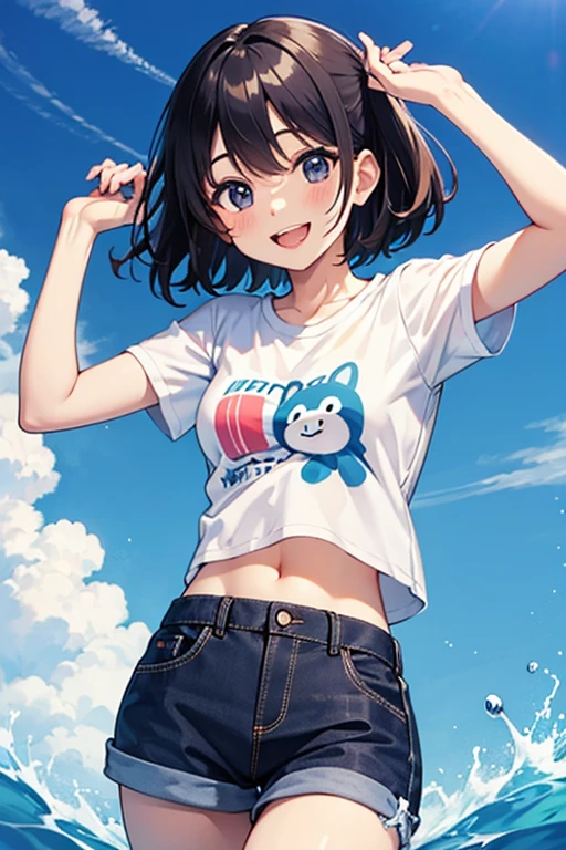 (best quality, masterpiece), 1 twenty years old woman, arms up hands behind head, smile, laughing, huge over-sized t-shirt, shorts, dark pixie haircut, freckles, blush, looking at viewer, cutesy, alluring eyes...