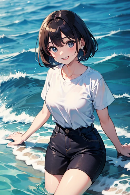 Woman in white transparent skirt and blue transparent blue swimsuit on the beach, with sunglass, posing on a beach with the ocean, in the beach, Have by the sea, sunny day at beach, taken with sony alpha 9, xintong chen, taken with canon eos 5 d, taken with canon eos 5 d mark iv, Shot on Canon EOS R 6,