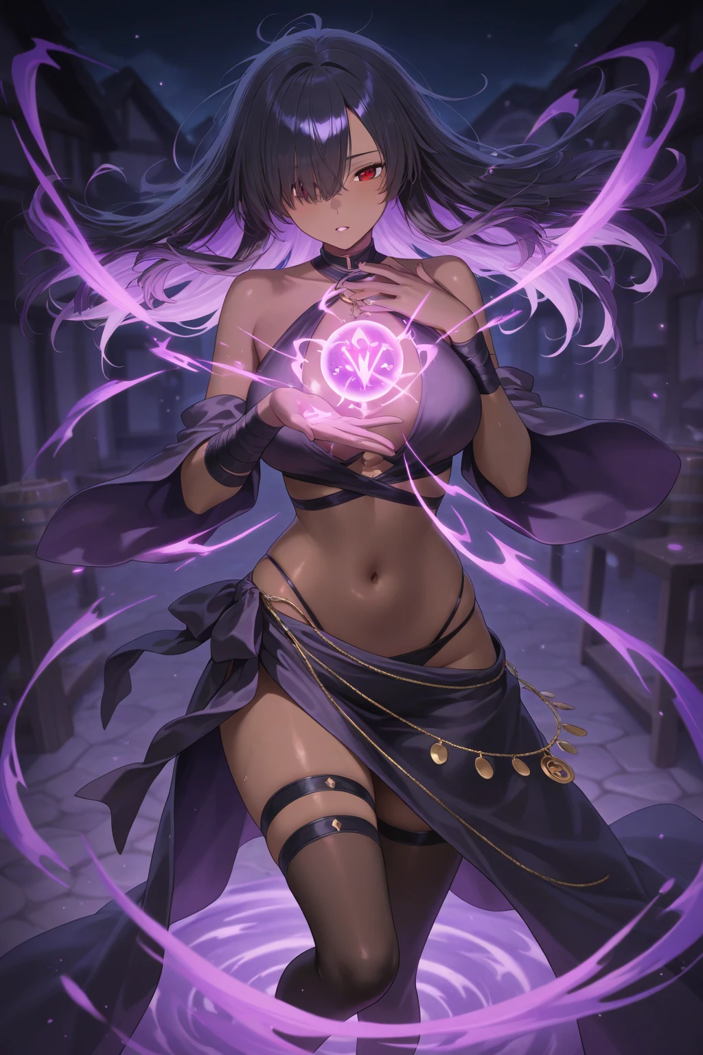 Extra long purple hair,Purple Eyes,A very good figure of an adult woman with bare breasts,Wearing black and purple tights,A purple scarf on the wrist,And in his left hand he held a purple fire lotus.,First person open hands action,And behind her there are circles of three fists of purple and white halos,The background is purple, the universe and the starry sky