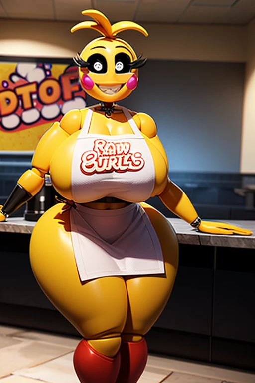 ((anthro toy chica)), score_9, score_8_up, dream prompt:score_9, female beautiful, detailed cute face, blushing, bib, pink panties, exposed breasts and nipples, huge breasts, pizzeria, solo, standing, hyper areola, detailed breasts and nipples, detailed areola, hyper realistic, hyperrealistic, beak, huge nipples,
