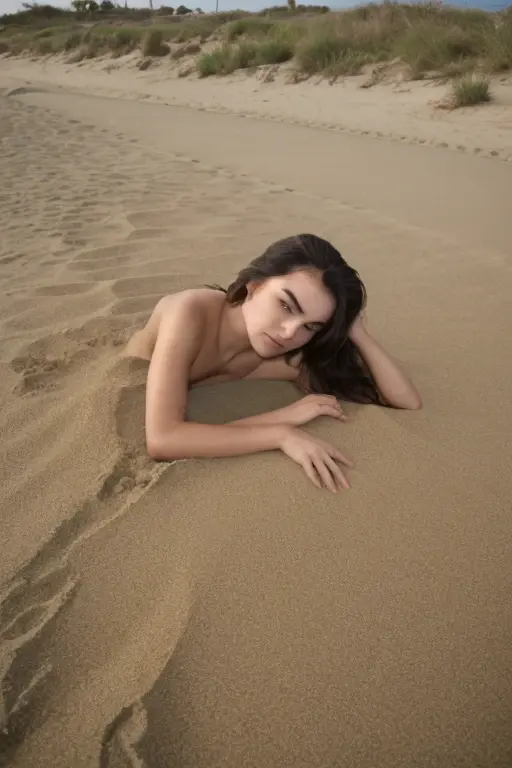 generate one 21 years old young white woman with dark brown long hairstyle, naked, crawling on the sandm she is on all 4, background is inspired by the movie Mad Max, looking away from the camera