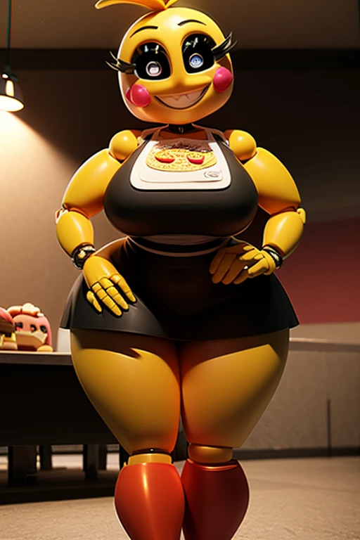 (best quality, masterpiece1.2), 1girl, solo, anthro, solo, looking at viewer, smile, 1girl, standing, full body, chiku, yellow body, pink eyes, yellow hair, purple eyeshadow, ffwendys, twin braids, hair bow, striped dress, striped sleeves, puffy sleeves, striped thighhighs, restaurant background,