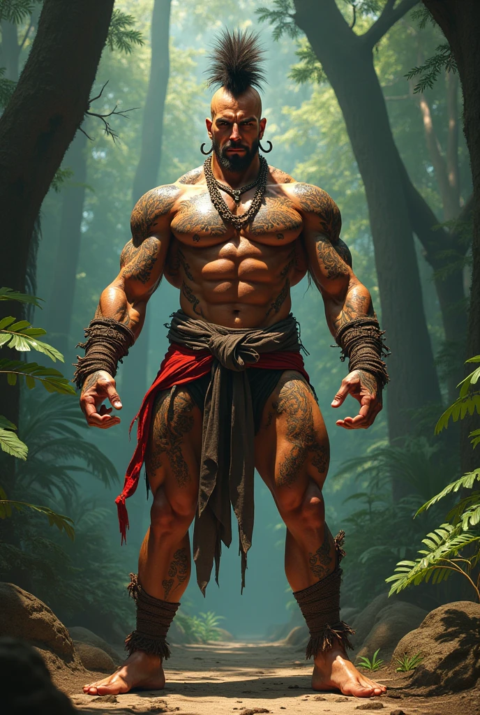 10 year old werewolf boy,Topless,Red skin,barefoot,covered in wounds,Muscle fullness,Standing,Tears,Wolf ears,Smooth skin,Standing on the dirt,Strong thighs,Well-developed chest muscles
