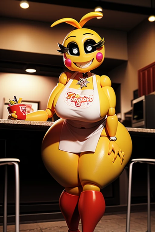 ((anthro toy chica)), score_9, score_8_up, dream prompt:score_9, female beautiful, detailed cute face, blushing, bib, pink panties, exposed breasts and nipples, huge breasts, pizzeria, solo, standing, hyper areola, detailed breasts and nipples, detailed areola, hyper realistic, hyperrealistic, beak, huge nipples,