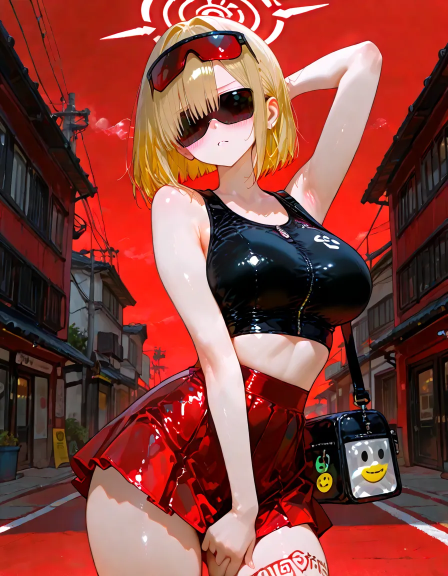 illustration, best quality, ultra detailed, detailed illustration, 1girl, sexy, short blonde hair, sunglasses, head scarf, medium breasts, black bikini top, short shorts, maroon leather jacket, standing straight, flirty smile, nice ass, from behind