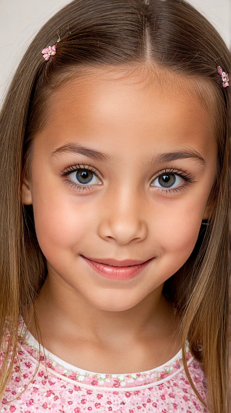 Close-up photo of a cute 12-year-old girl, solo, wearing a pristine white shirt. Her pretty, innocent face, filled with sparkling bright eyes and a contagious smile, is the focal point of the image. Her blonde hair cascades down in soft waves framing her delicate features. Her fair complexion adds to her youthful charming aura. The fine details of her pores can be seen on her flawless, untouched skin as she gazes directly into the viewer's soul.