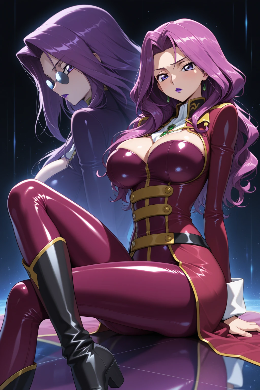 Cornelia_li_Britannia, 1girl, huge_breasts, massive_breasts, purple_eyes, (lipstick:.98), (makeup:.8), dollsuit, standing_at_attention, saluting, thicc, thick_thighs, solo, masterpiece, mind_control_device