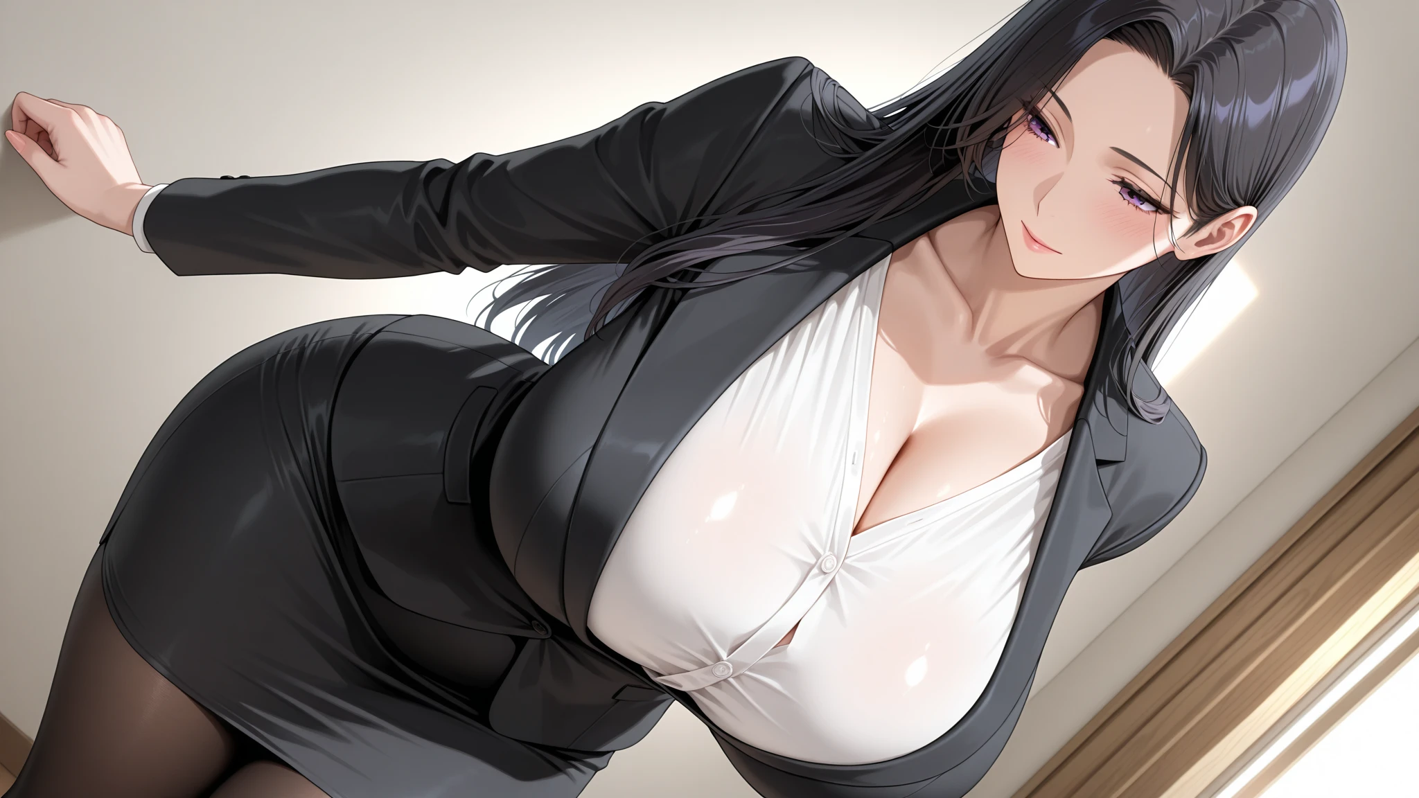 ((best quality)), ((On the table)), (detailed), (emphasize), perfect face Young girl's face detail showing cleavage、Red eyes and long, Thick, smooth, pretty black hair,Bangs、Monochrome background、Wear it standing with a blazer and miniskirt、