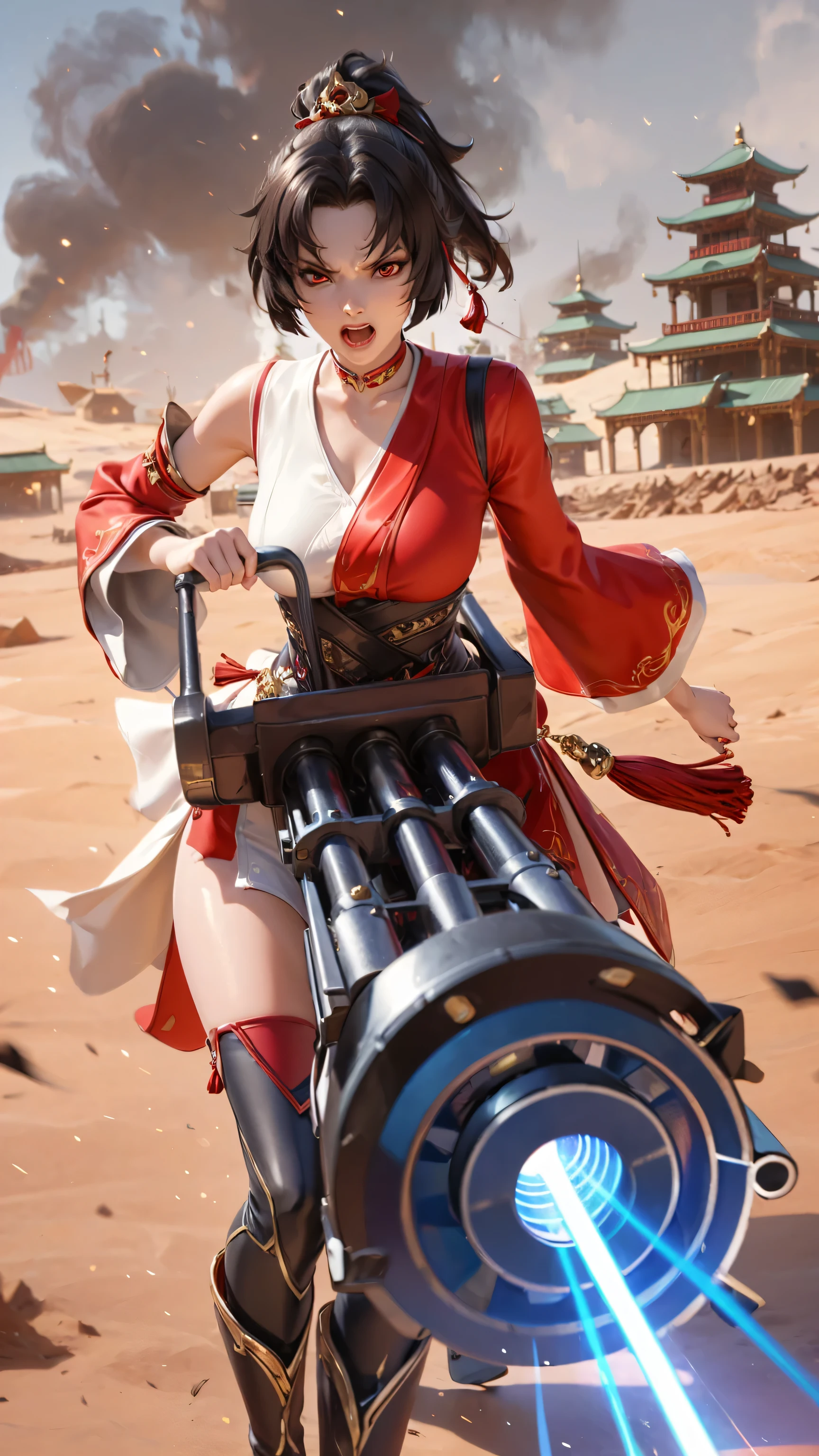 highres,best quality at best,masterpiece,quality,best quality,delicate facial features,look at the audience,there is light in the eyes,WZRYyunyingYP,(masterpiece),(best quality),masterwork,semrealistic,realistic,mature female,wide hips,fair_skin,shiny_skin,3d render,<lora:云缨yunying_ILV2-000016:0.8>,red eyes,yunying,short hair with ponytail,black hair,red and white traditional outfit,red sleeves and shoulders,gold ornate patterns,black wide belt with gold decorations and red buttons,red and green necklace,hair accessory,red tassel accessory,medium breasts,thigh-high black boots with gold accents,battlefield background,smoke,flying sand,chinese ancient battlefield,a gatling gun in front of you,with a gatling gun,blue laser spurts out of the muzzle,sense of science and technology,(glaring+screaming:1.1),