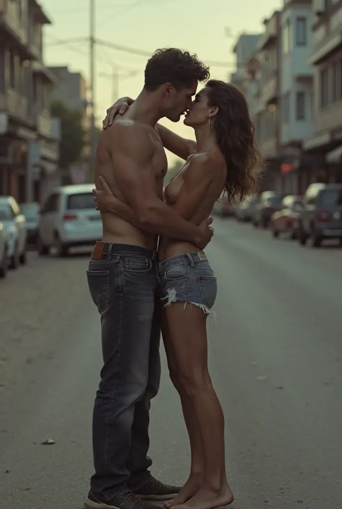 In the midst of a scene of urban warfare, a naked man and woman embrace in each other's arms. They trust each other.