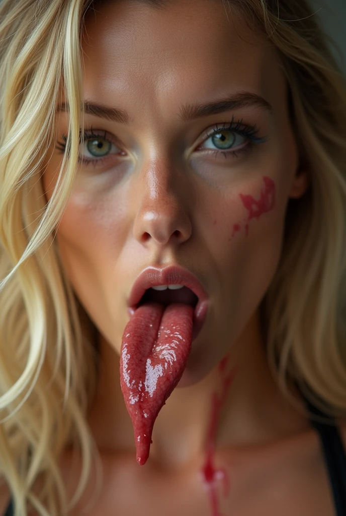 Blonde asian female vampire with mouth wide open showing big fangs
