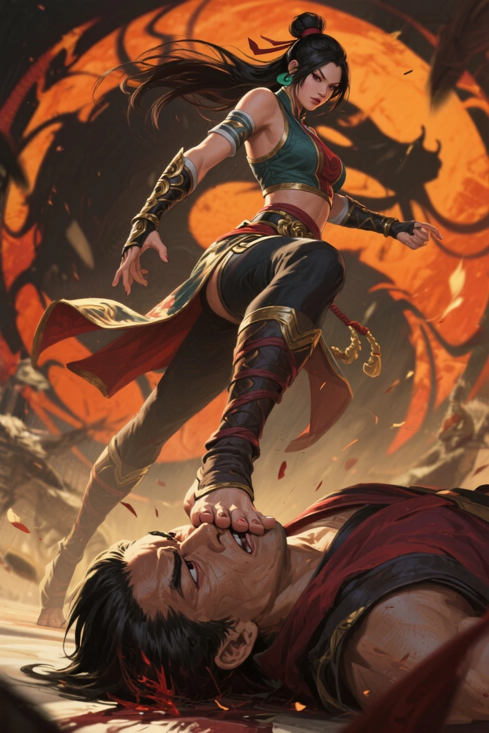masterpiece, Very detailed, Ultra-realistic, Detailed Background, Bright lighting, lighting,, (A swordsman fighting bandits in a square surrounded by forest), (Mountain hut), (Wide-angle),Beautiful woman