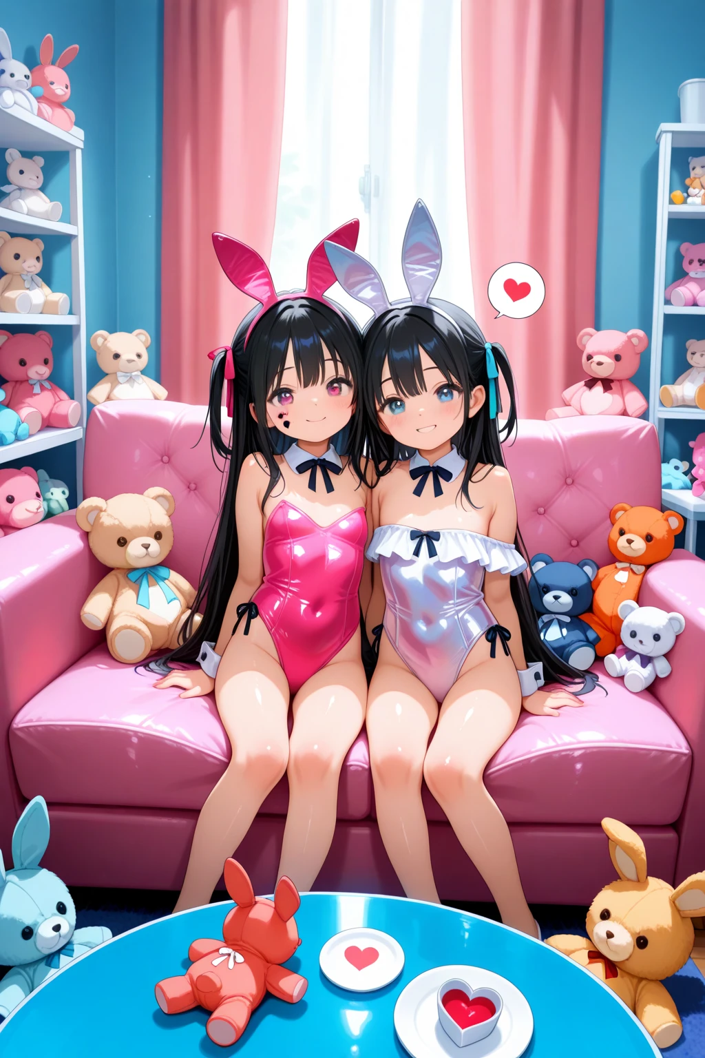 Hands Behind Back,Tied with hands behind back,Licking soft serve ice cream,from front,front view,looking at viewer, looking ahead,from above,cowboy shot,2girl,twins,Beautiful girl at 10 years old,Japanese,Slender,,low length,Small breasts,Thin legs,Small Ass,Baby Face,Small face,Black Hair,Gray Eyes,Drooping eyes,Round eyes,Short Twin Tails,middle School girls,Sheer black and pink negligee,lingerie,Collar with leash,Bunny ears,open mouth,tongue out,front face,Kneeling,Straight Stand,Beautiful and detailed anime art,I'm in love,Desire expression,crave,Sexy vibe,??? on tongue,Dimly lit room,On the bed,Simple Background,Gray background,Low lighting,