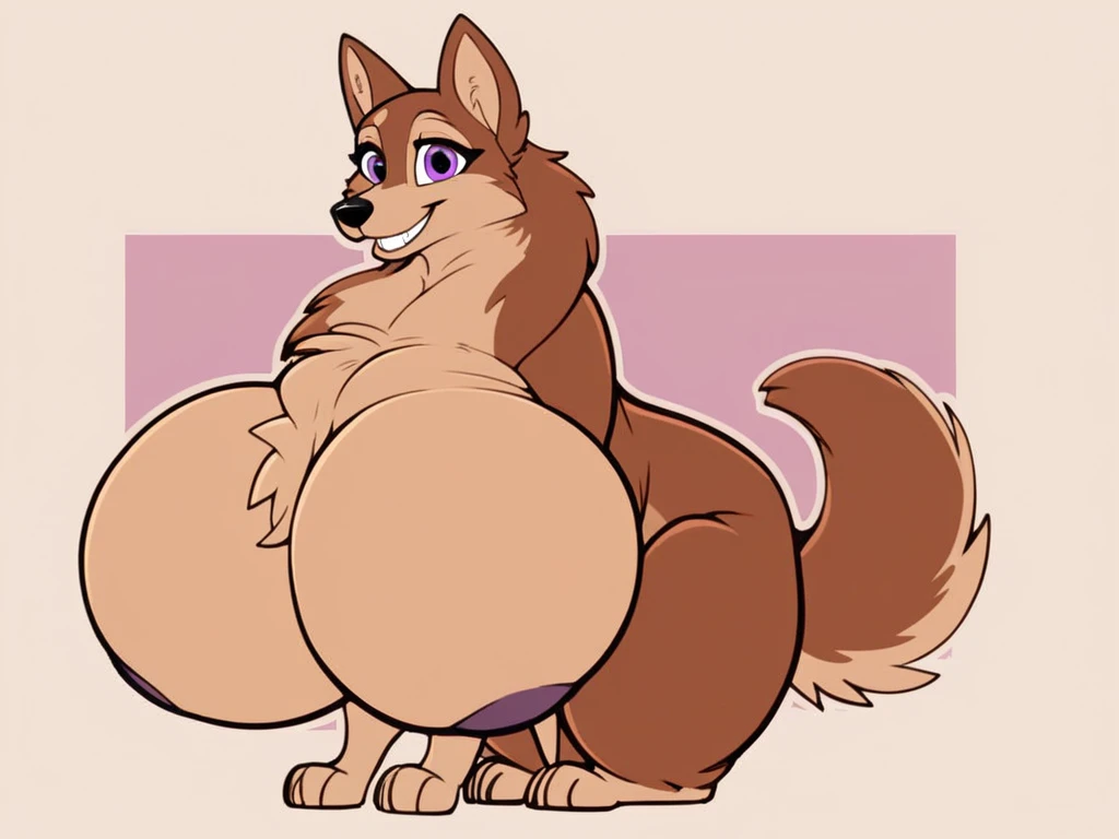 Masterpiece, wide hips,((hyper thighs)), ((hyper ass)), ((feral)), looking at viewer seductively, sitting on bed, bedroom background,(( 4 legs)),((non anthropomorphic)), dark brown fur, floppy ears, back view, big balls