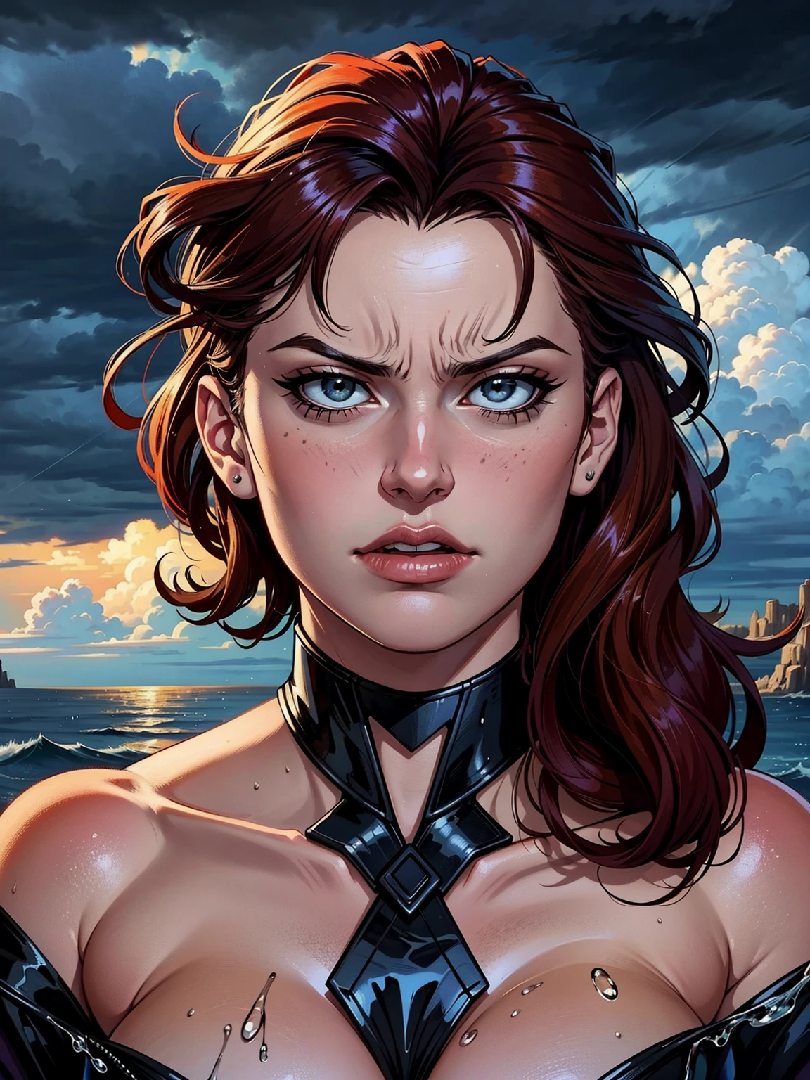 ((masterpiece), best quality, high quality, professional quality, highly detailed, highres, perfect lighting, natural lighting), style of joe maduereira,comics style,dskyart1, Being compressed or expanded, one-piece swimsuit, Heiress, Short, Thin, Triangular Face, Fair Skin, Dark Brown Hair, Amber Eyes, Narrow Nose, Full Lips, Prominent Chin, Shoulder-Length Hair, Wavy Hair, Formal Updo, asymmetrical breasts, Dangle earrings, lavender stain lipstick, Dripping liquid cascades, Misty river valley,visionary, cutting-edge laboratory, A volcanic planet with constant eruptions and rivers of lava, providing abundant geothermal energy for its inhabitants., Post-Apocalyptic Wasteland, vampire