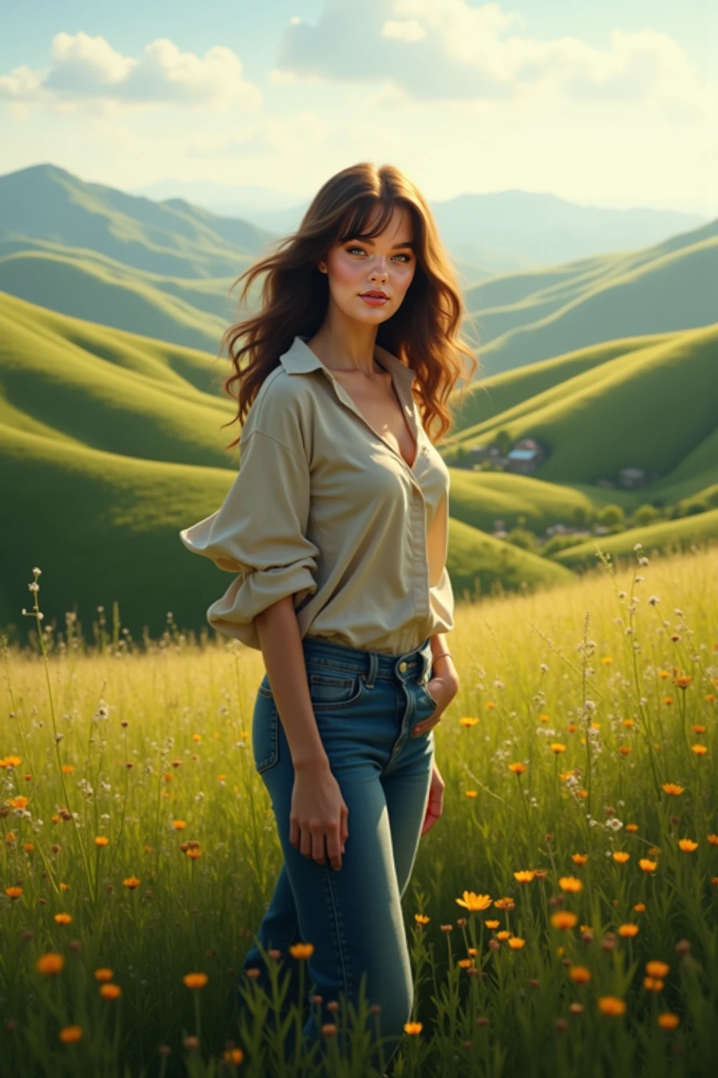 Beautiful woman short hair wearing white shirt and jeans, standing in front of green lake, colorful flowers, colorful maple trees and snowy mountains, orange sky in the evening, autumn atmosphere