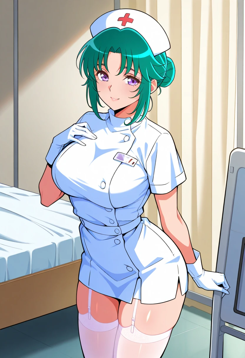 1girl, ((blue gloves)), ((elbow gloves)), ((latex gloves)), ((green nurse outfit)), looking at viewer, ((long sleeves)), standing, handjob, ((femdom))1boy, small dick