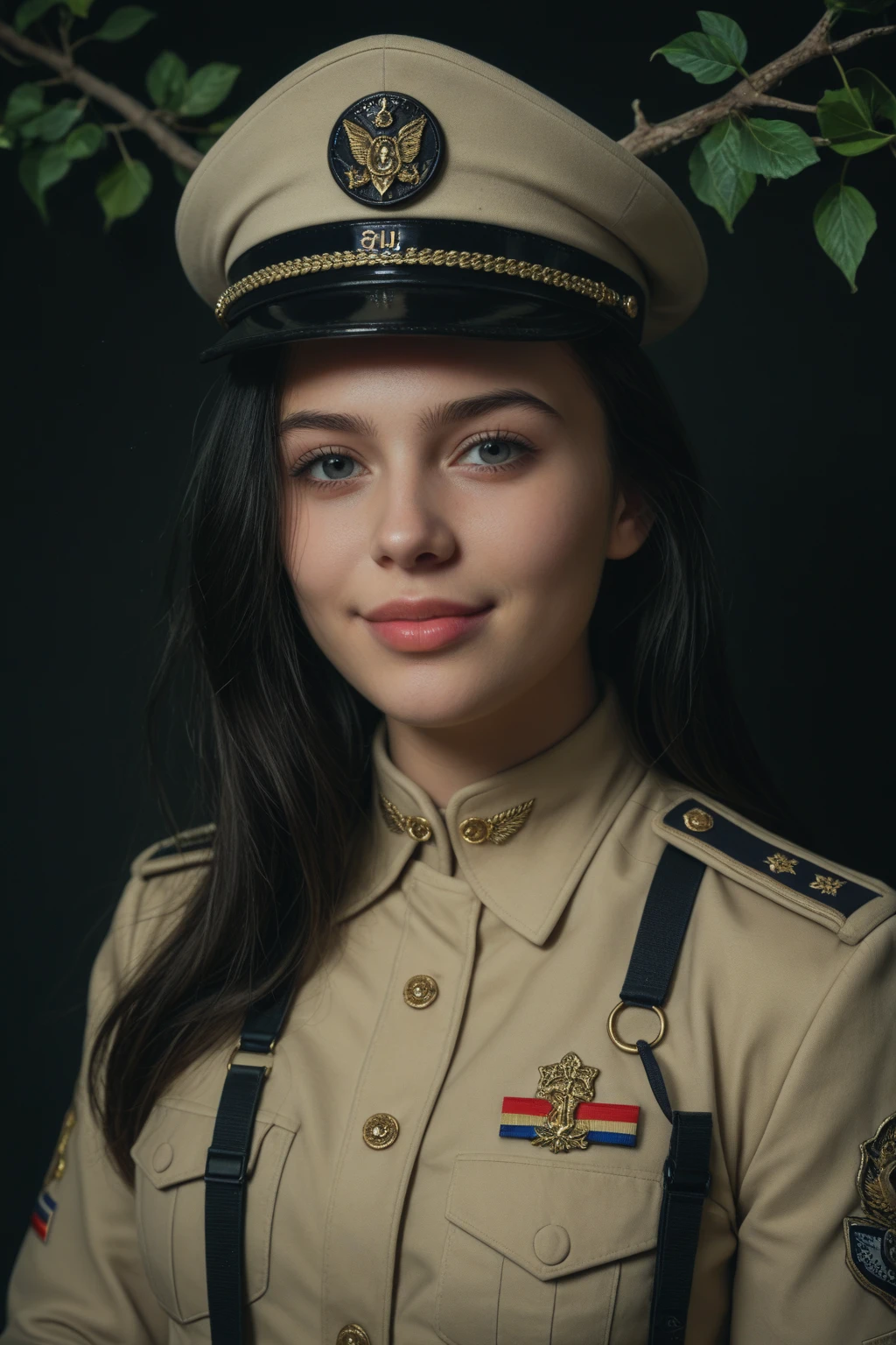 (masterpiece:1.2, best quality), 1lady, Yoru, solo, photorealistic, science fiction film, science fiction, science fiction, war, upper body, small breasts, focus on face, realistic, pastel painting, powerful, intelligent, sensual, detailed eyes (intimidating look, Brown eyes) well detailed, long black hair, best CG, (wearing German red 2 world war general uniform), military, area force, greatness of the army,
