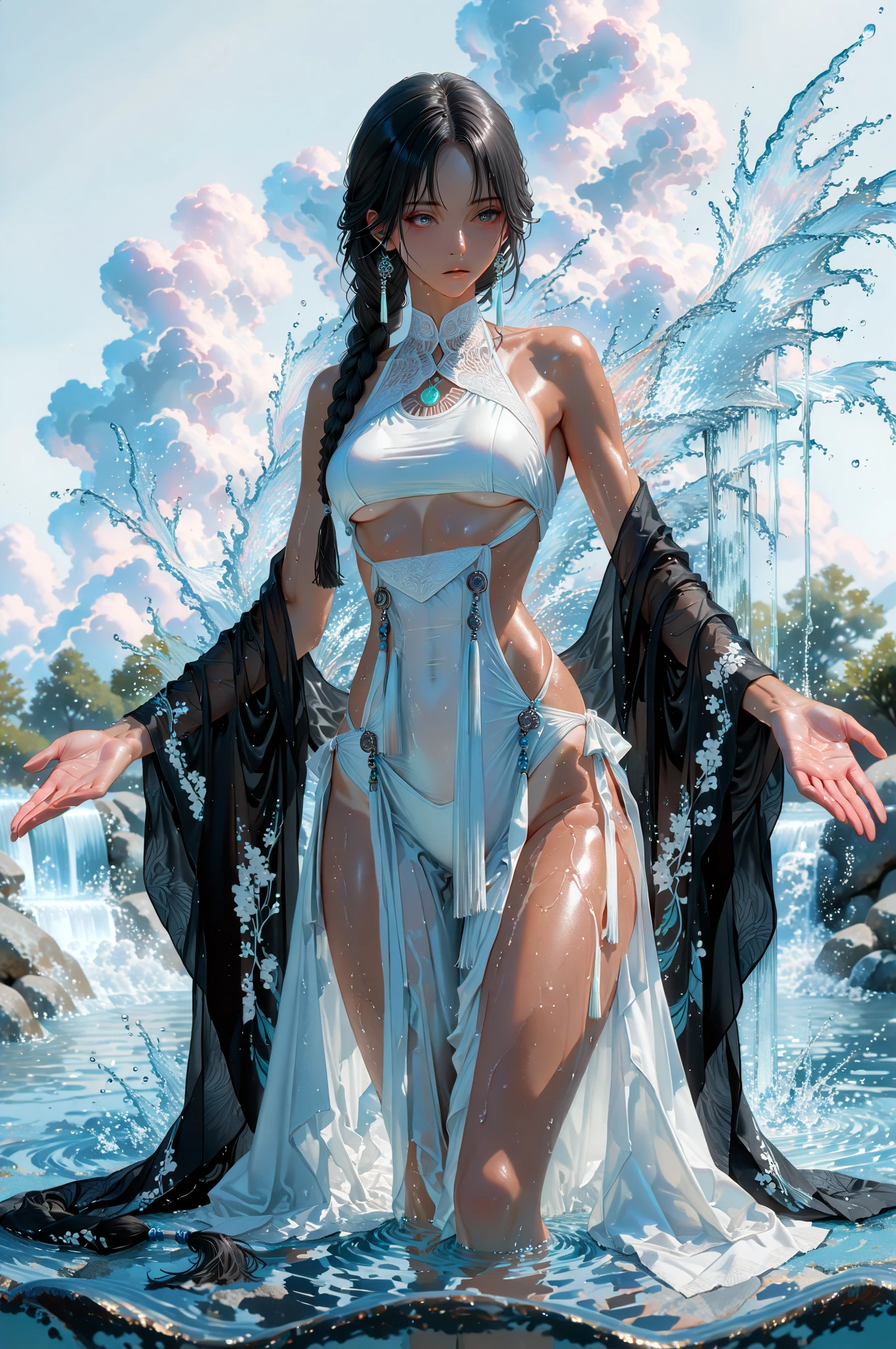 1female,35yo,Married Woman,Bigchest,Bigchest 。Big breasts Thin waist,Cocked buttocks,Beautiful legs solo,(Background with:coniferous forest,volcanoes,hot onsen)Lying on the railing ,She has short black hair,bobo head,seen from the front, hair straight,,(((tmasterpiece),(Very detailed CG unity 8K wallpaper),best qualtiy,cinmatic lighting,detailed back ground,beatiful detailed eyes,Black eyes,Snow-whiteskin,Redlip(Very fine and beautiful),(Beautiful and detailed eye description),ultra - detailed,tmasterpiece,))facing at camera,A high resolution,ultra - detailed),revealing breasts,Bare genitalia, Bulge,legs are open,Raised sexy,Camel toes,Flushed complexion,Desire for dissatisfaction,Lateral face,Red transparent cheongsam
