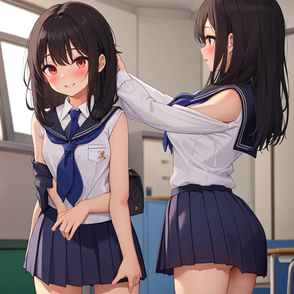 ((2 girls))、laughter、blush、shirt、のskirt、、((fun))(small breasts)、chiralism、black hair、(single braid)、(黒いskirt:1.3)、bow, button, 襟の付いたshirt, long sleeve, マイクロskirt, プリーツskirt、(Jacket)、 skirt, socks, thighs, 白い shirt, Rest indoors, ((classroom:1.5))、 BREAK looking at viewer、skirtの破れ,(skirtを掴む:1.5)、 (perfect hands, perfect anatomy),cowboy shot、(skirt lift:1.3),(Very detailed white panties:1.3)、(Very detailed panties:1.3)、、(skirt that rolls up:1.3)、(fully exposed panties:1.5)、