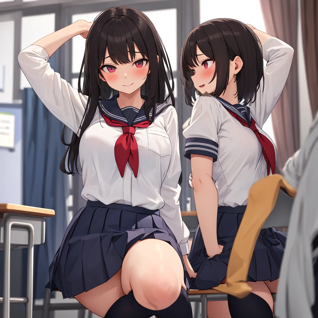 high school girl、Dressed in high 、School classroom、(Big Breasts)、((独奏))、one girl、smirk、Crossing legs