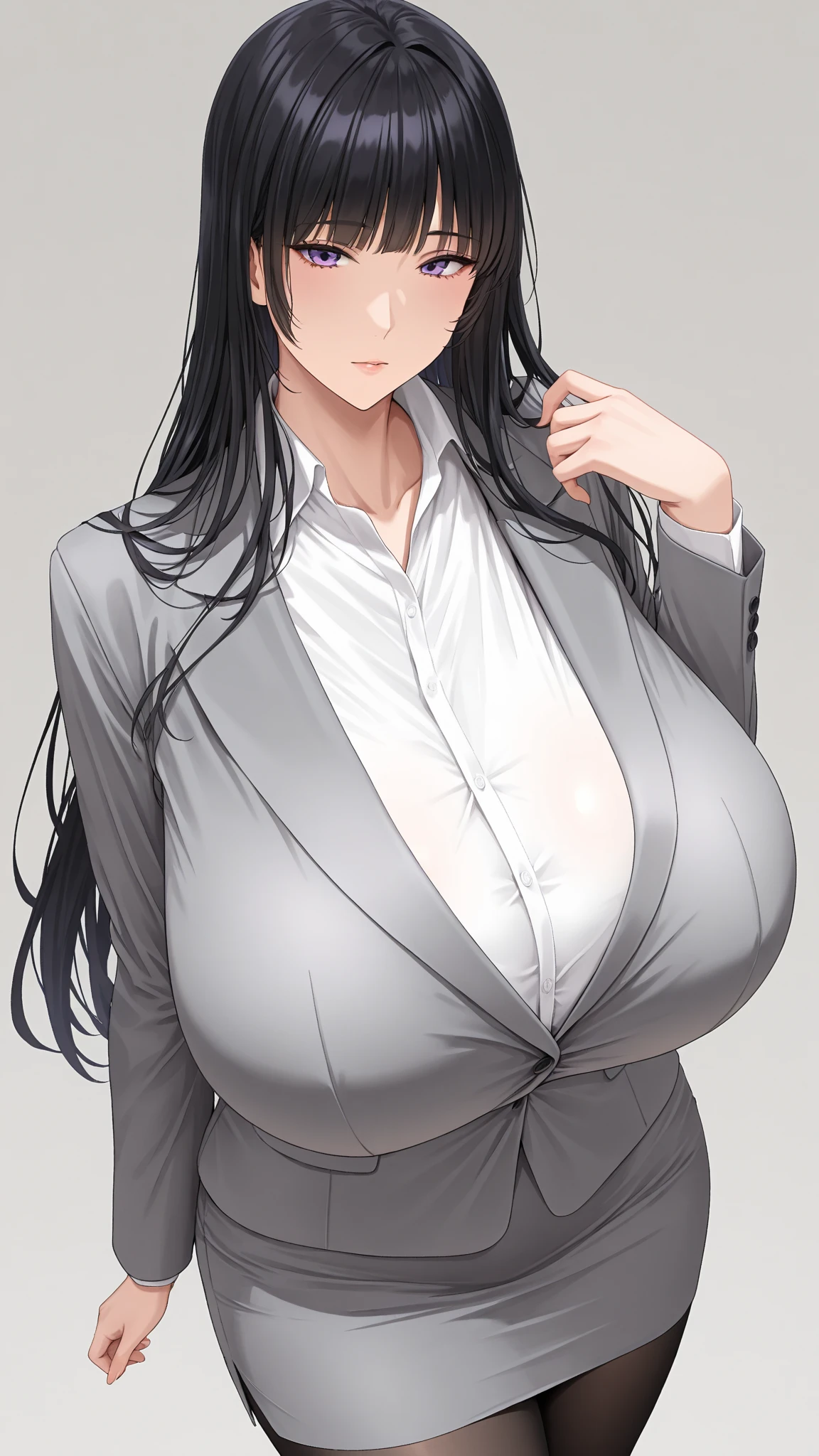 {{masterpiece}},high quality, 4K, 2D, 1 girl,{simple gray background},(attractive mature lady:1.6),milf,standing,sagging breasts,(gigantic breasts:1.5),maid,front face,{{tareme}},attractive mature lady,black hair, {from right in front of face and body},View viewers from front,{front facing shot},Wear glasses,(serious:0.1)
