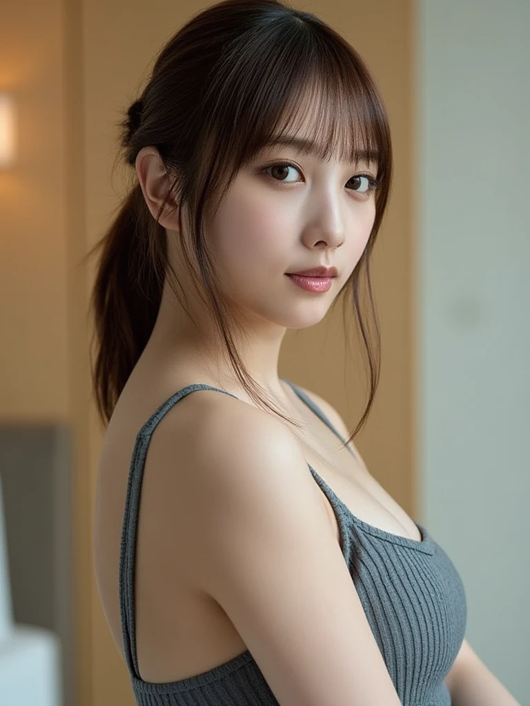 Ramen shop, hair bunched, father in the back, tiny bust, cute, (8k, highest quality, masterpiece: 1.2), (realistic, photorealistic: 1.37), super detail, one girl, cute face, mitsuki Takahata, staring at the viewer, masterpiece, model photo style, cleavage, full body portrait, sexy pose, ((8k, RAW photo, highest quality, masterpiece), High-definition RAW color photos professional photos, unified 8K wallpapers (realistic, photorealistic: 1.37), (best quality), (best shadows), (best illustrations), ultra high resolution, high-definition CG unified 8K wallpapers, physically based rendering, movie lighting),