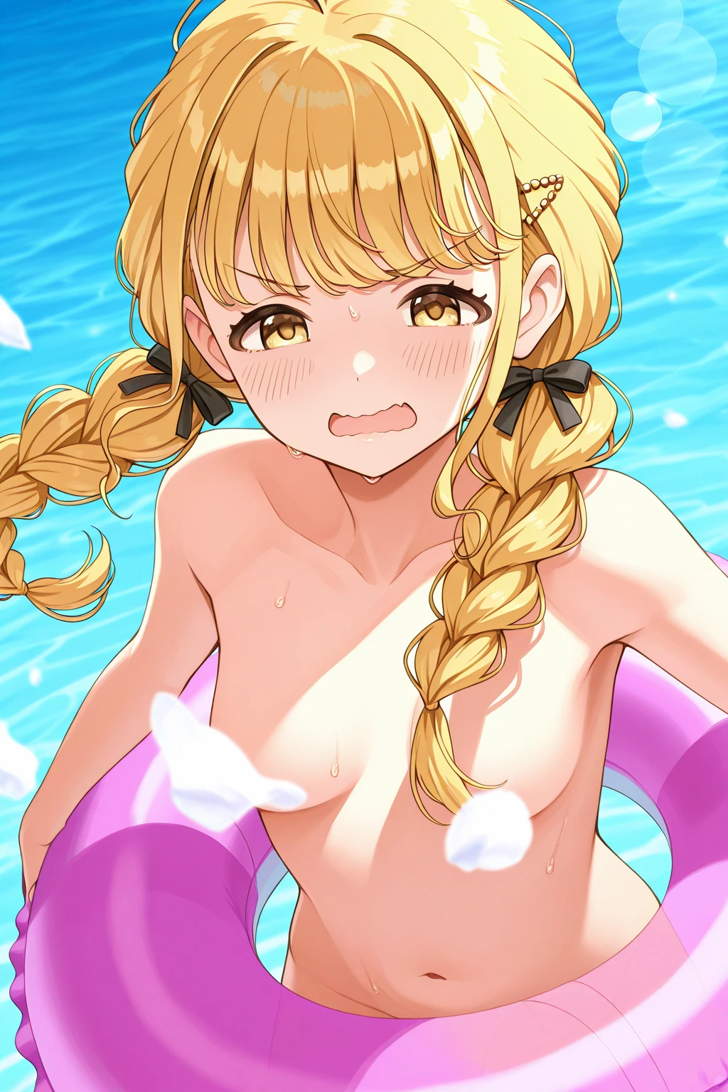 Outdoor,(night),Near hot springs,steam,Rika Jougasaki,Yellow and orange hair hoop, orgasm, blush,Open your mouth wide,(naked),Small breasts,((1boy,ass pov,fellatio,deep throat,Take a deep bite,)),View your viewers,Looking up