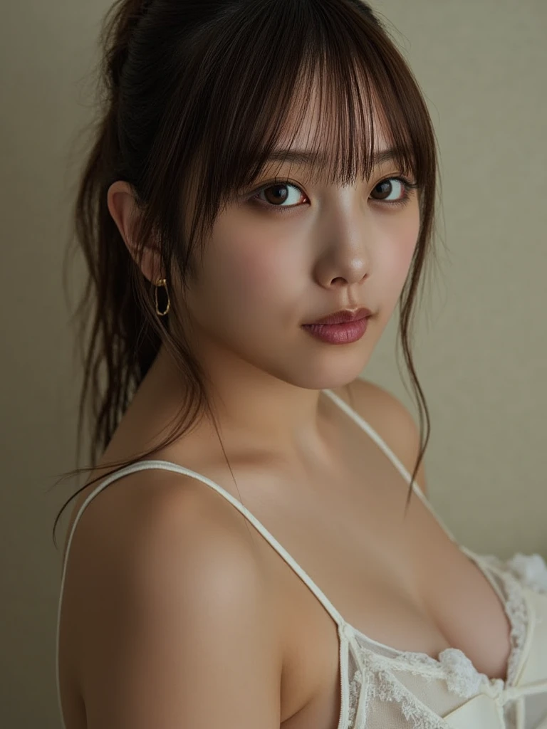 Nausicaa, 1 girl, alone, cute, shy, (カメラeye線)、Red earrings, Brown Hair, (Watching from afar, Cleavage), Upper Body, (White Bikini), sit, On the floor, (Perfectly detailed ???????, Beautiful Face&eye)
